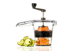 Gefu Spiralfix spiral slicer with a crank handle, shown with carrot and courgette spirals
