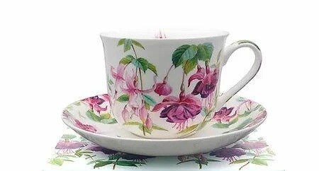 Heritage breakfast cup and saucer with a Fuchsia flower design in pink and purple