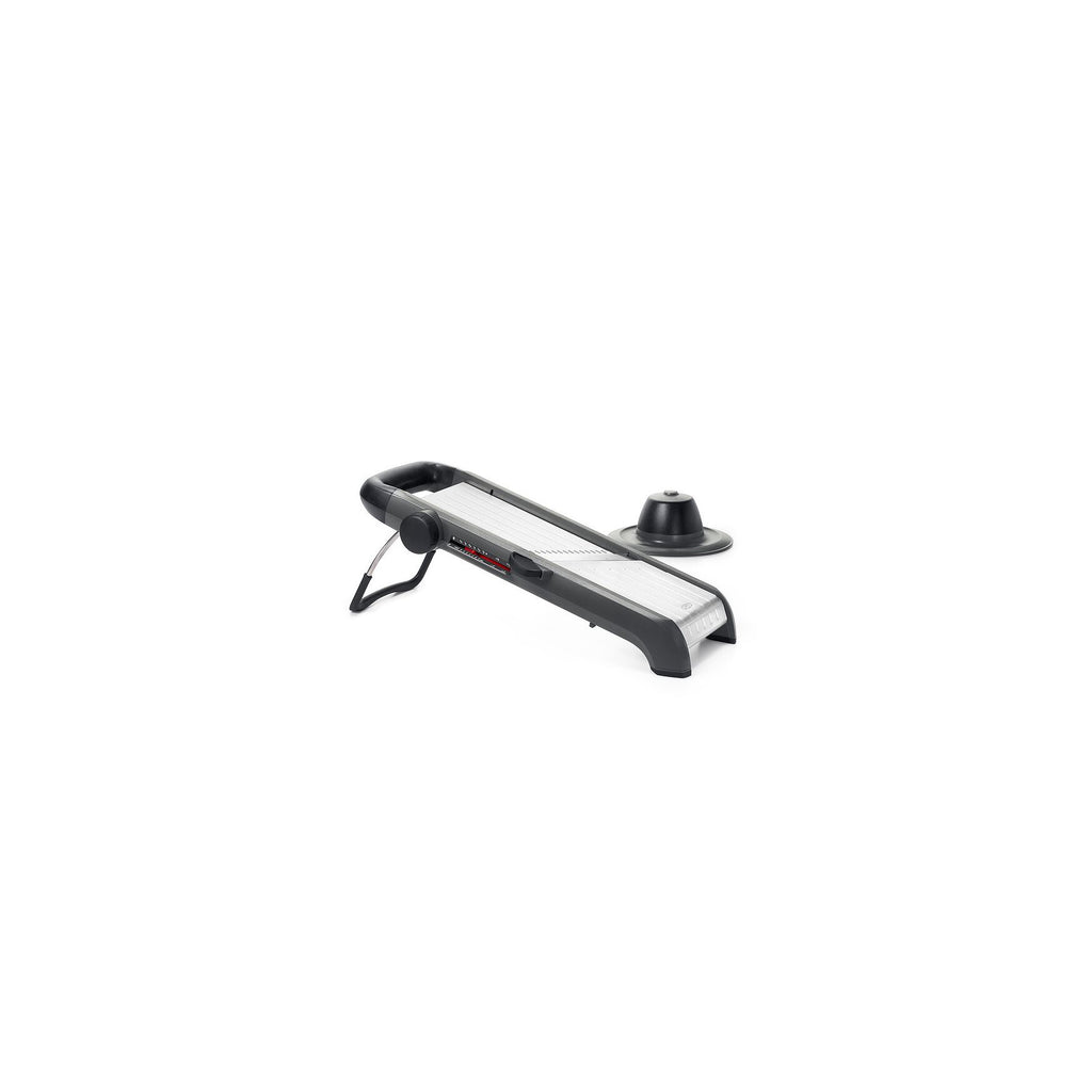 OXO Good Grips Chef's Mandoline Slicer 2.0 in black and steel with a folding stand