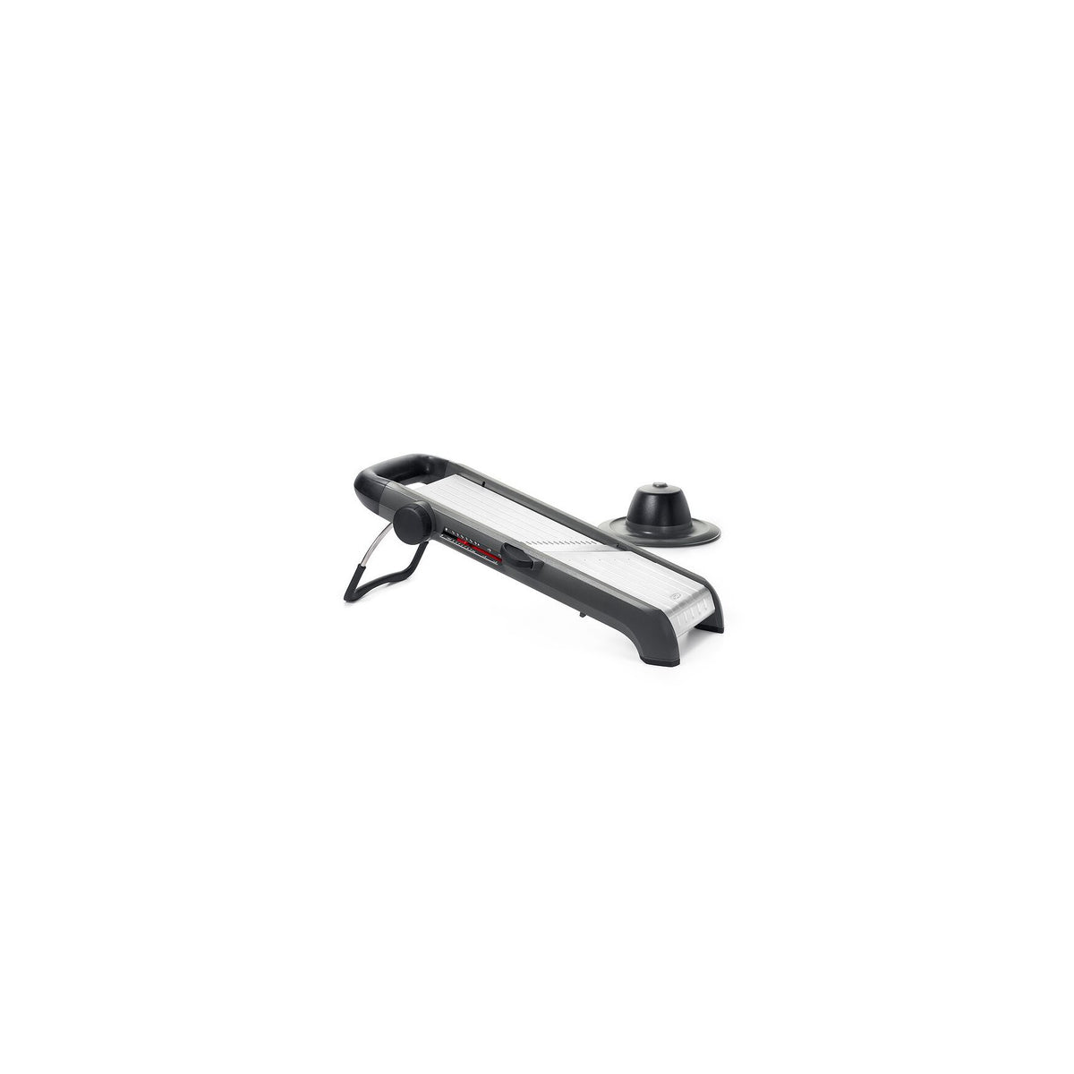 OXO Good Grips Chef's Mandoline Slicer 2.0 in black and steel with a folding stand