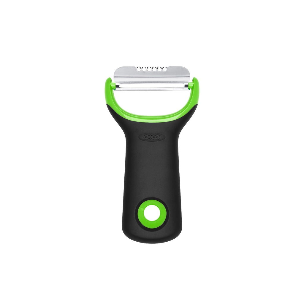 OXO Good Grips citrus prep peeler and zester in black and green with a serrated blade