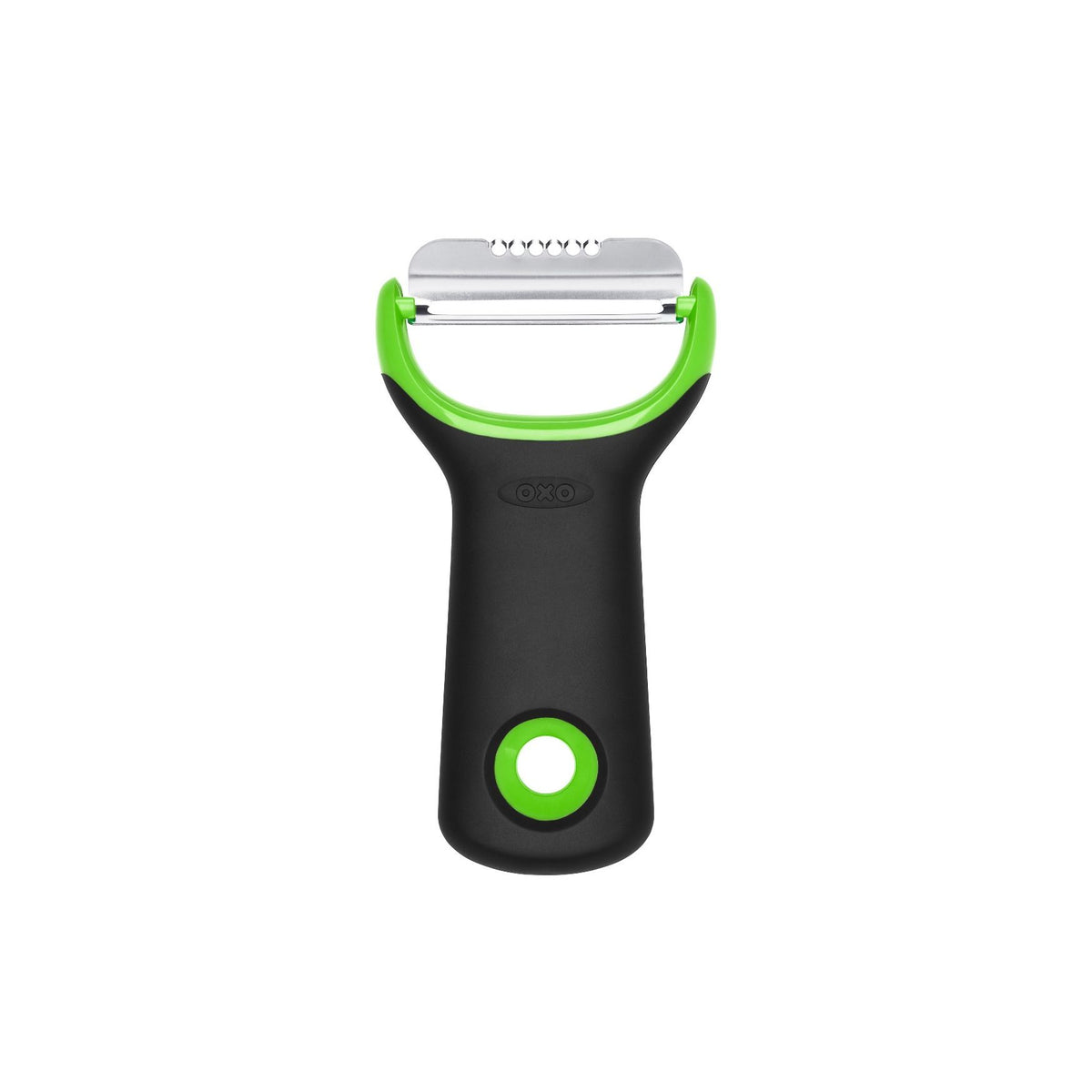 OXO Good Grips citrus prep peeler and zester in black and green with a serrated blade