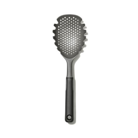 OXO Good Grips pasta scoop strainer in grey with a perforated bowl and a black handle