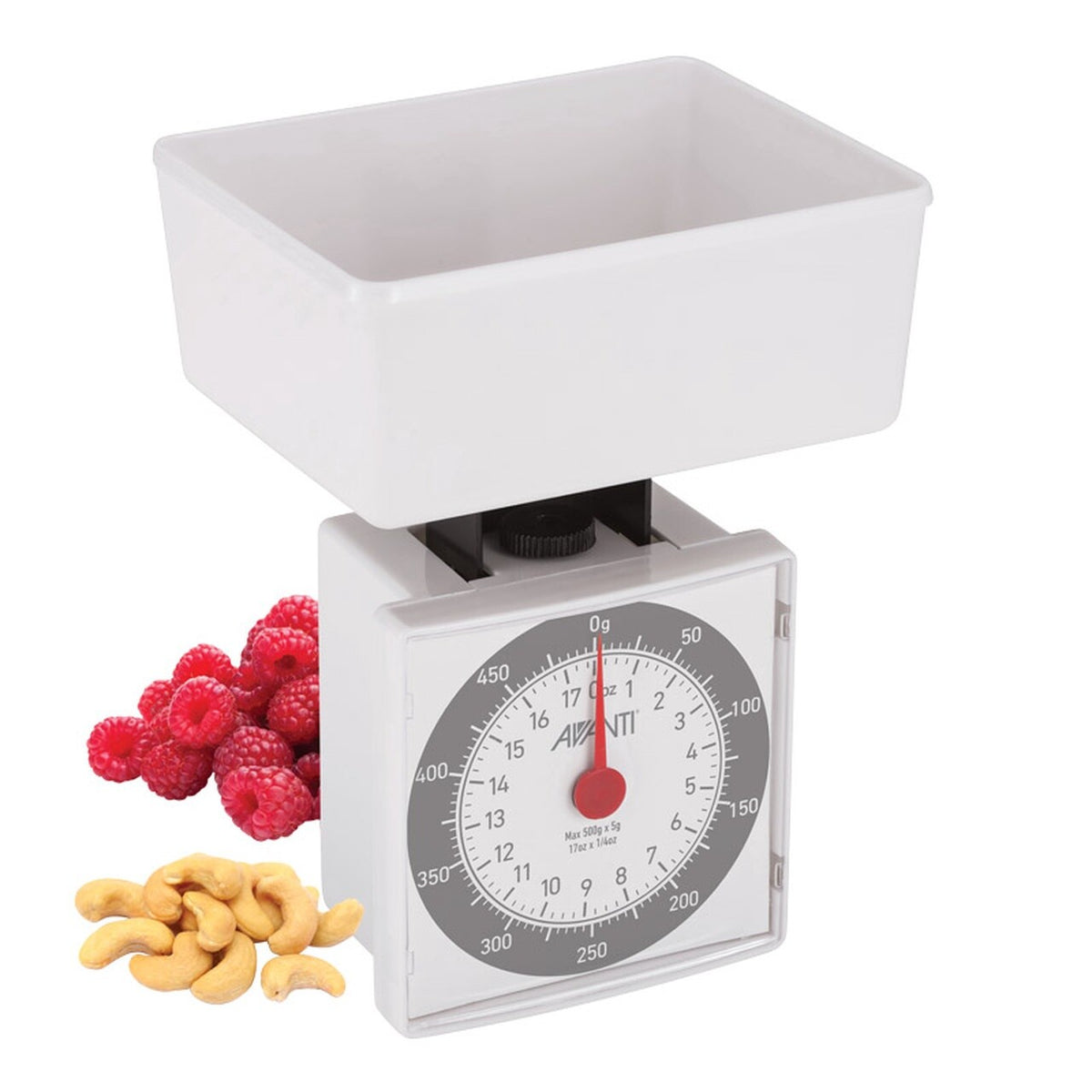Avanti mini dietary scales in white, styled with raspberries and cashews