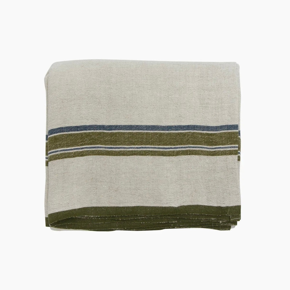 French Country Green Selvedge Stripe linen napkin set of four with a striped border