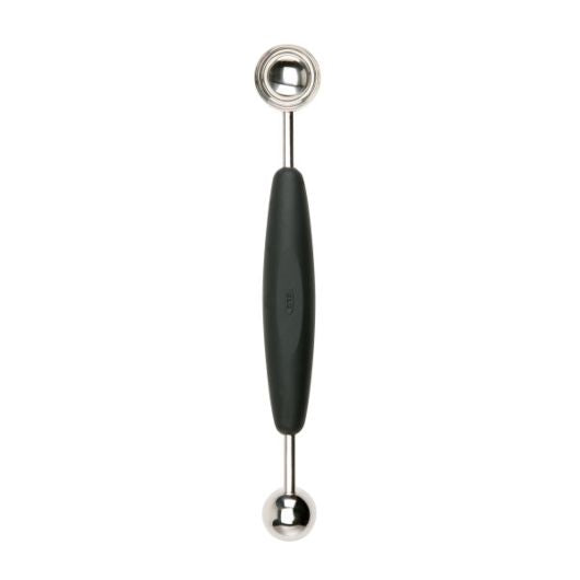 OXO Good Grips melon baller with a black handle and two steel scoop ends