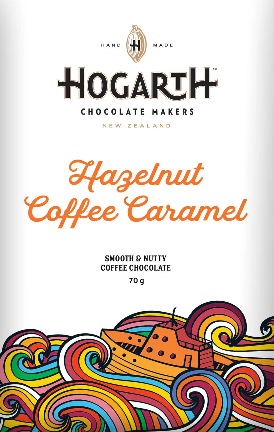 Hogarth Hazelnut Coffee Caramel chocolate, a 70g bar in white wrapper with wave artwork