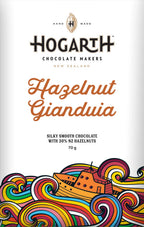 Hogarth Hazelnut Gianduia chocolate bar with colourful wave artwork on the wrapper