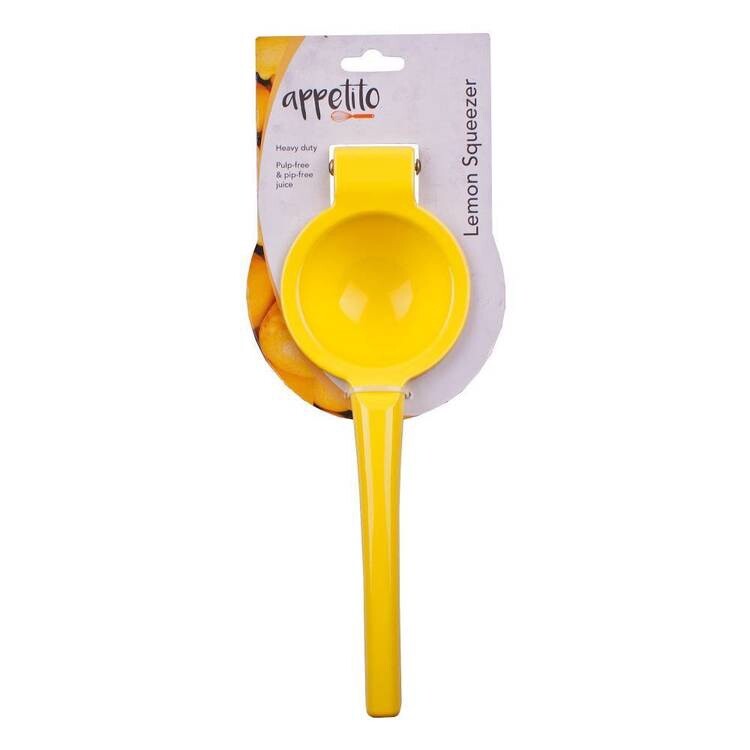Appetito lemon squeezer in yellow, a hand press shown on its retail card