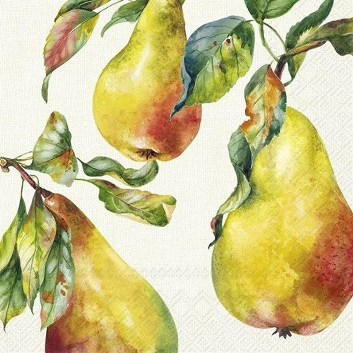 IHR luncheon napkin with painted pears on branches with green leaves
