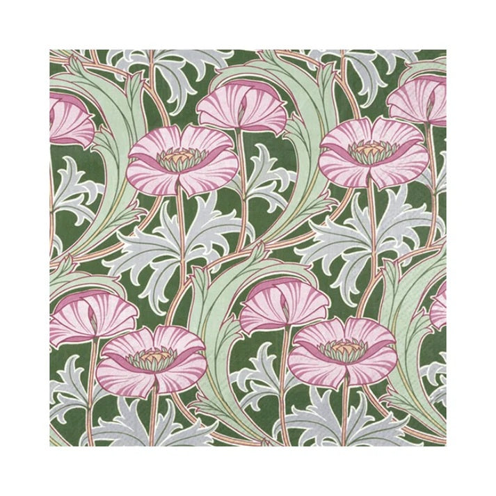 IHR Other Worldly Flowers V&A luncheon napkin with a William Morris poppy pattern in pink and green