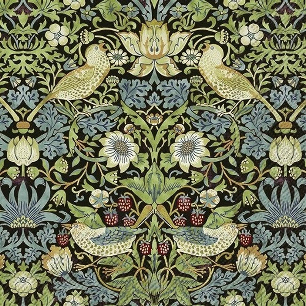 IHR luncheon napkin with a V&A William Morris Strawberry Thief pattern on a dark background