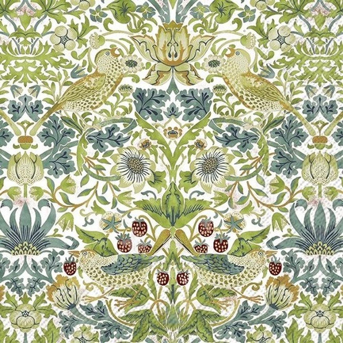 IHR luncheon napkin with a V&A William Morris Strawberry Thief pattern in green and white