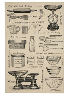 Ulster Weavers Baking cotton tea towel with an illustrated baking tools chart in sepia