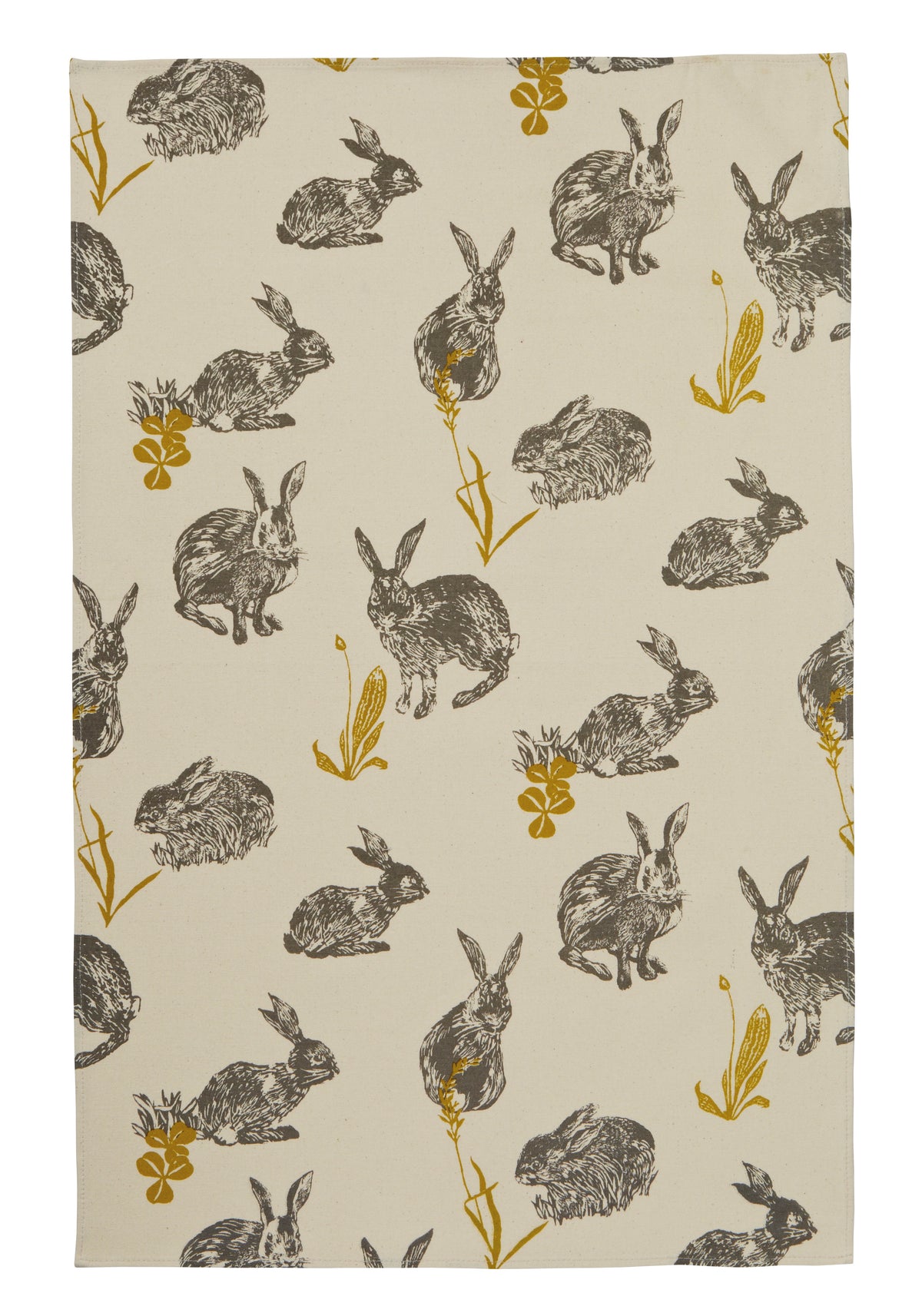 Ulster Weavers cotton tea towel with a print of grey rabbits and yellow flowers on cream