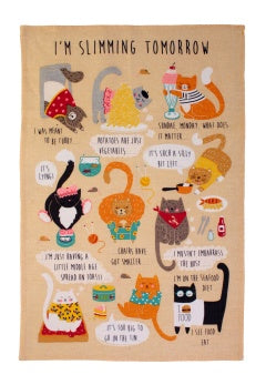 Ulster Weavers cotton tea towel titled I'm Slimming Tomorrow with cartoon cats on a tan background