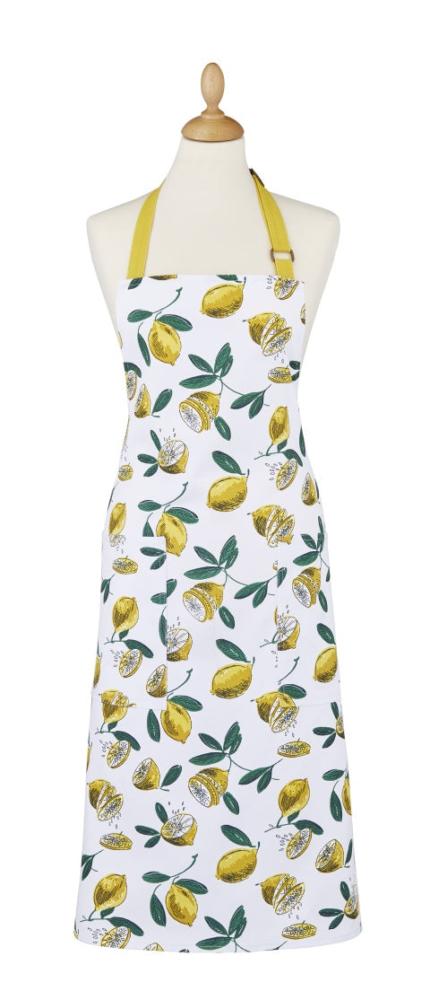 Ulster Weavers Lemons cotton apron with a lemon and blossom print, shown on a mannequin