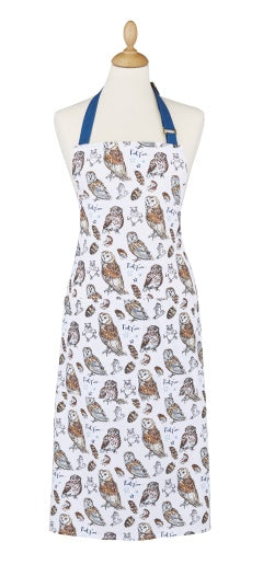 Ulster Weavers cotton apron with an MF Owls print of brown owls on white, shown on a mannequin