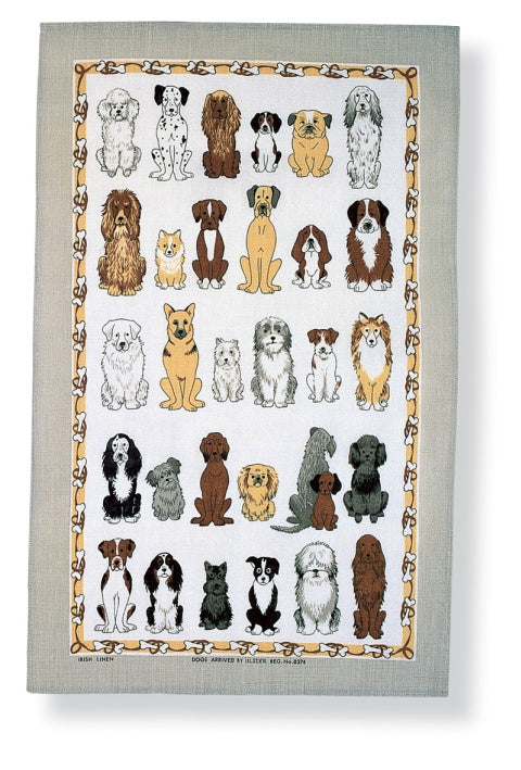 Ulster Weavers Dogs Arrived cotton tea towel with rows of illustrated dog breeds in a gold border