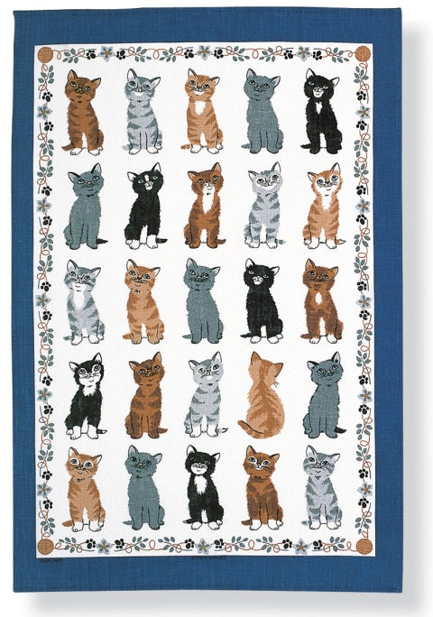 Ulster Weavers Kittens Arrived cotton tea towel with a grid of illustrated kittens in a blue border