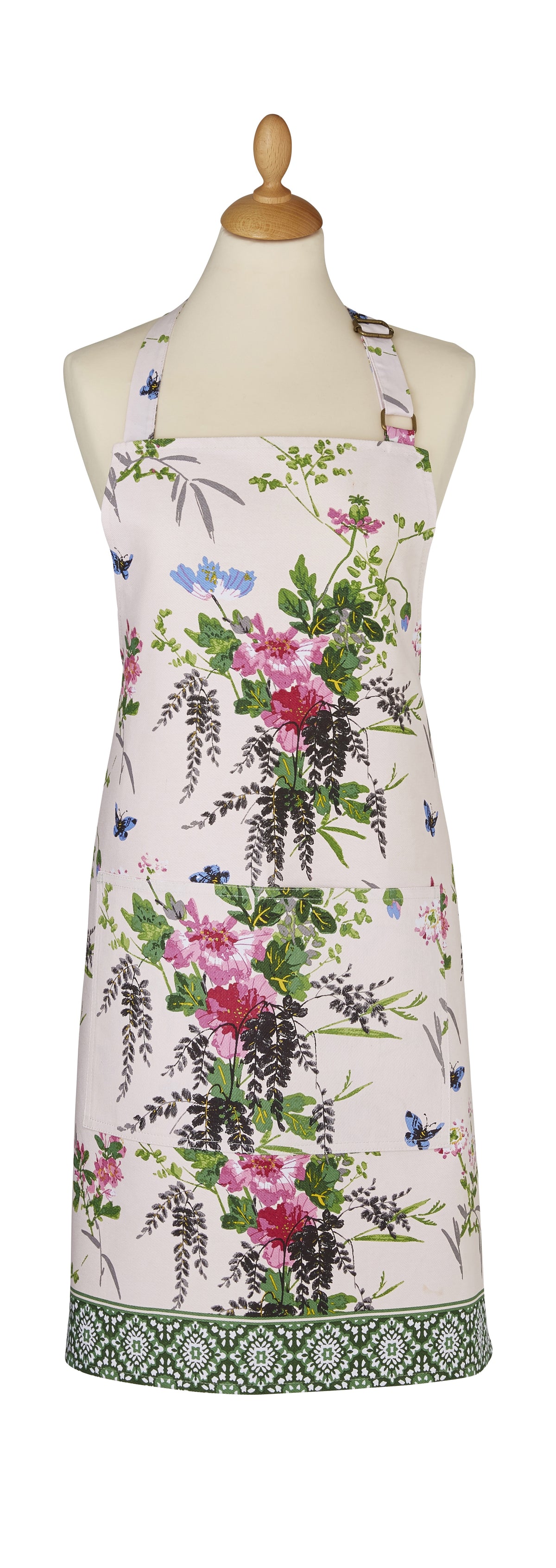 Ulster Weavers Madame Butterfly cotton apron with a pink floral and butterfly print, shown on a dress form