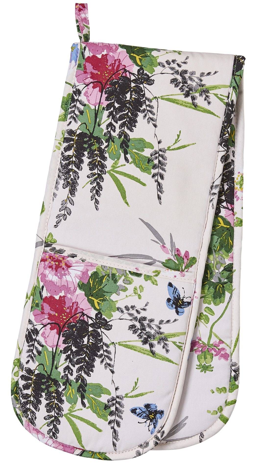Ulster Weavers Madame Butterfly double oven glove with wisteria, pink flowers and butterflies on white