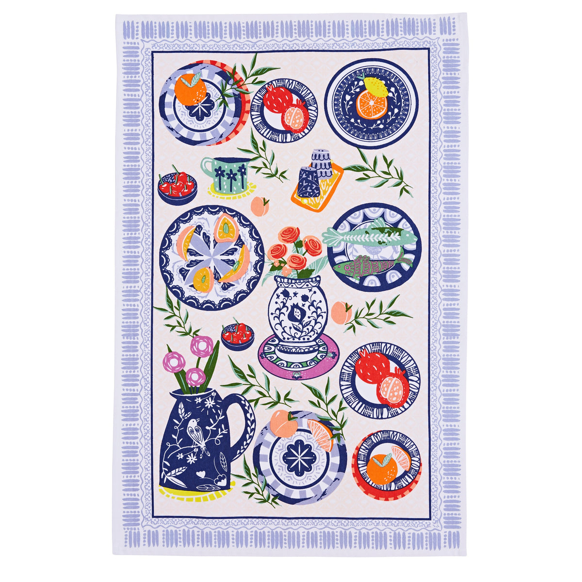Ulster Weavers Mediterranean Plates cotton tea towel with a pattern of colourful painted plates