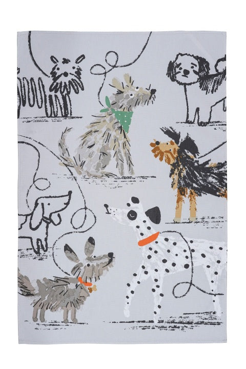 Ulster Weavers cotton tea towel with a Dog Days print of sketched dogs on grey