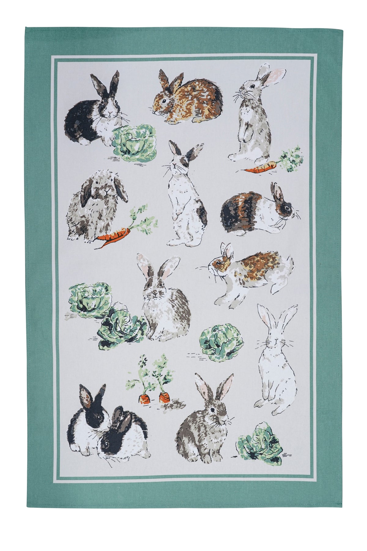 Ulster Weavers Rabbit Patch cotton tea towel with illustrated rabbits and cabbages on white with a green border