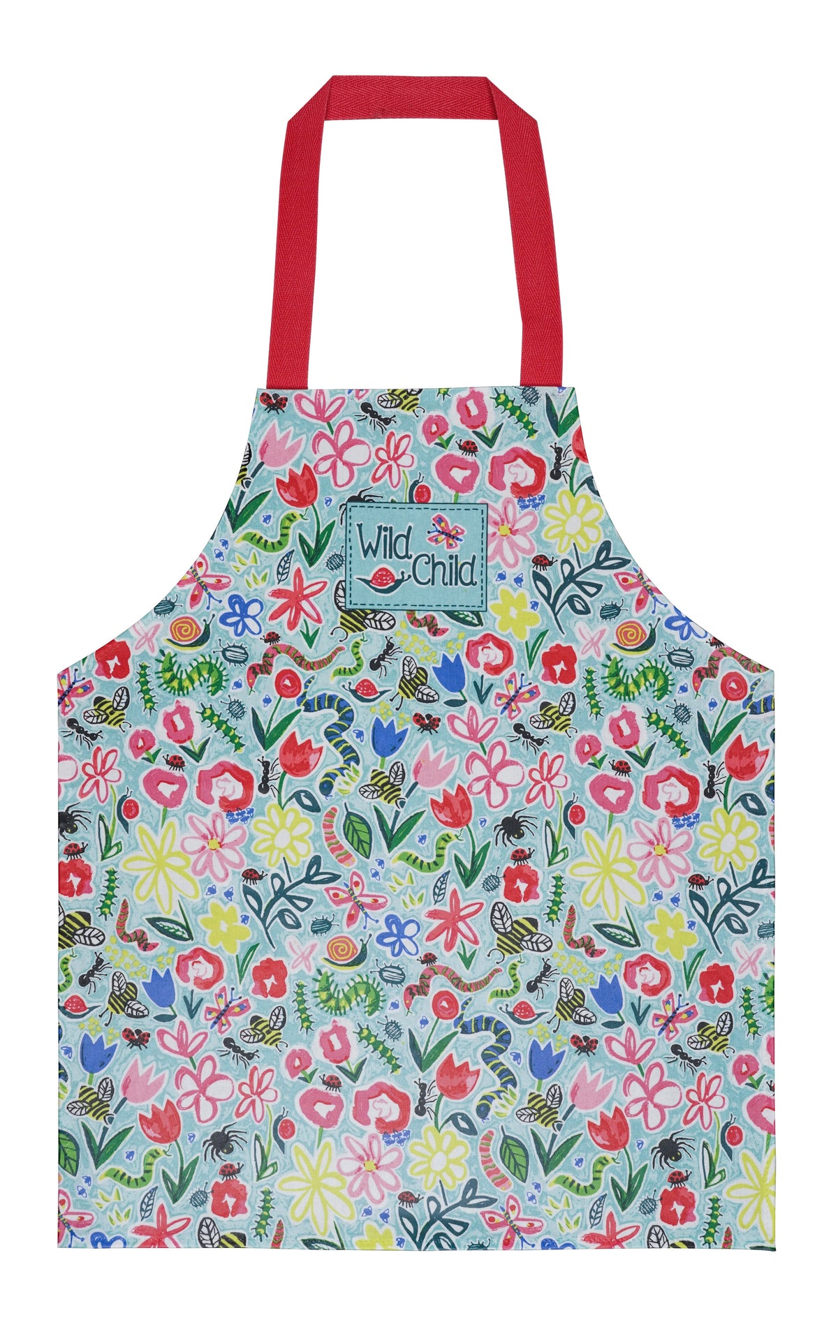Ulster Weavers PVC child's apron, Born to be Wild, with a bright floral and insect print on pale blue with red straps