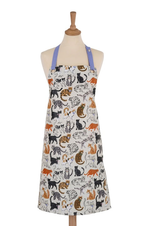 Ulster Weavers Feline Friends oil cloth apron with sketched cats, shown on a mannequin