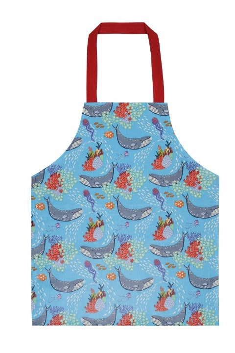 Ulster Weavers Underwater Wonders PVC child's apron with whales and coral on blue and red straps