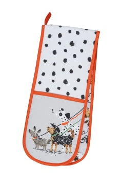 Ulster Weavers Dog Days double oven glove with black spots and a walking dogs print with orange trim