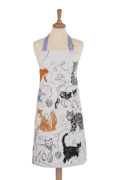 Ulster Weavers Feline Friends cotton apron with sketched cats on white and lilac straps, shown on a mannequin