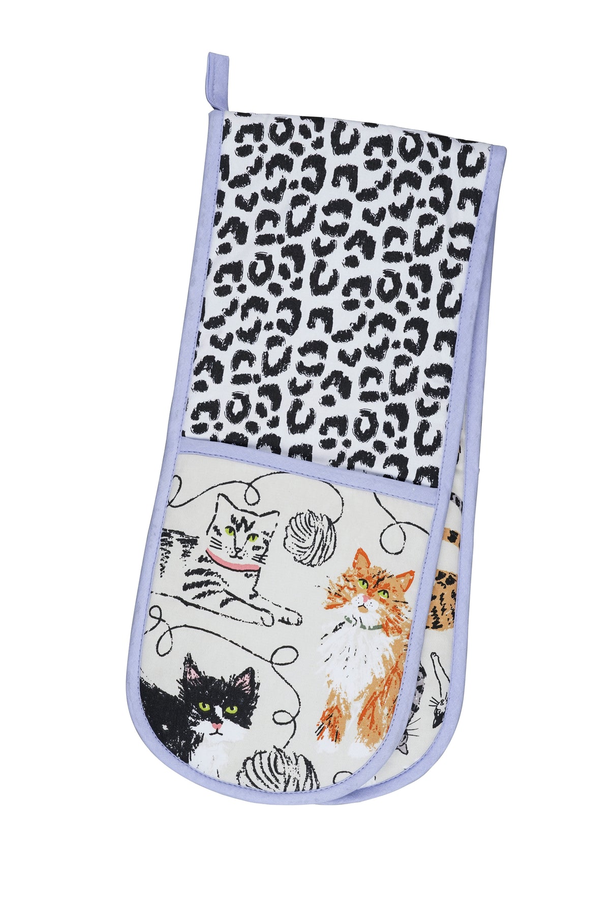 Ulster Weavers Feline Friends double oven glove with a leopard print and cats, with lilac trim