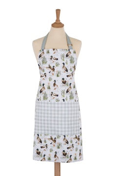 Ulster Weavers cotton apron with a mallard duck print and a grey gingham pocket, shown on a dress form