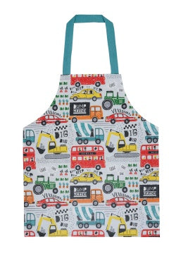 Ulster Weavers PVC child's apron, Just Keep Trucking, with a print of colourful vehicles