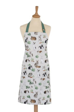Ulster Weavers Rabbit Patch cotton apron with an illustrated rabbit print, shown on a mannequin