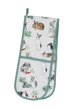 Ulster Weavers Rabbit Patch double oven glove with illustrated rabbits and cabbages, green trim