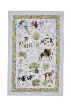 Ulster Weavers Portman Farm cotton tea towel with farm animals, a chicken coop and flowers in a floral border