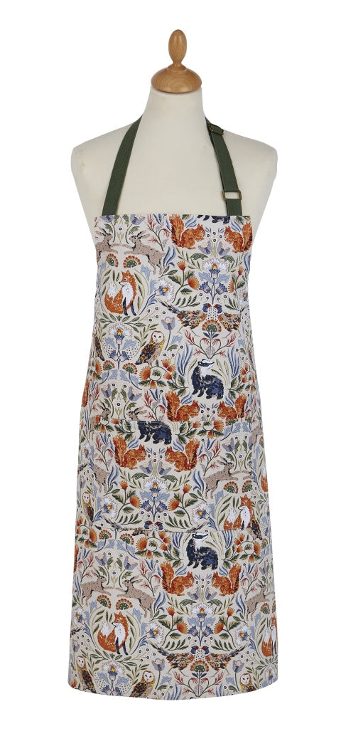 Ulster Weavers Blackthorn cotton apron with a woodland animal print, shown on a mannequin