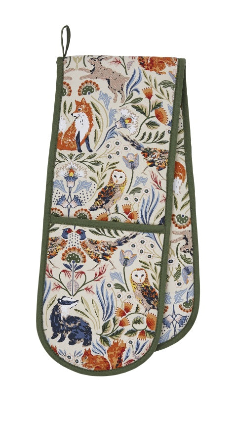 Ulster Weavers Blackthorn double oven glove with a woodland animal print in a khaki border
