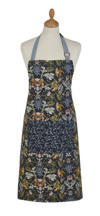 Ulster Weavers Finch & Flower cotton apron with a floral William Morris-style print, shown on a mannequin