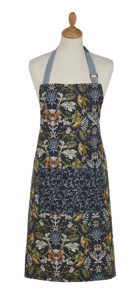 Ulster Weavers Finch & Flower cotton apron with a floral William Morris-style print, shown on a mannequin