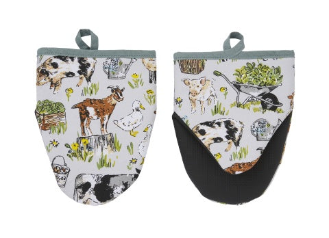 Ulster Weavers Portman Farm cotton microwave mitts with an illustrated farm animal print