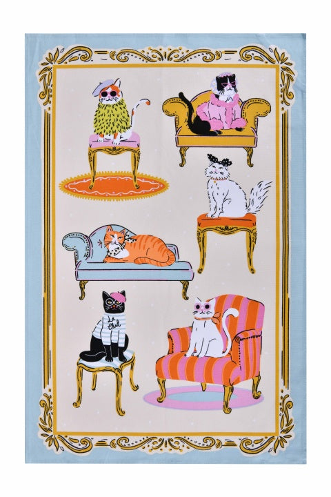 Ulster Weavers Cool Cats cotton tea towel with cats on armchairs and sofas in a gold border