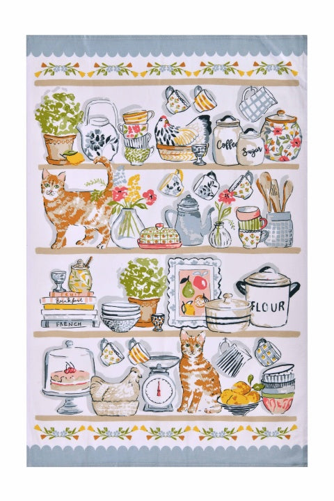 Ulster Weavers Pantry Cats cotton tea towel with cats among shelves of jars, plants and kitchenware