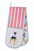 Ulster Weavers Cool Cats double oven glove with pink and orange stripes, a cat on a chair and blue binding