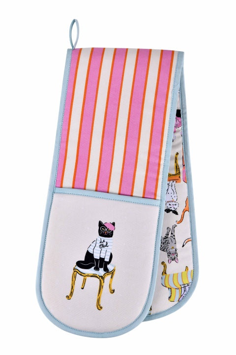 Ulster Weavers Cool Cats double oven glove with pink and orange stripes, a cat on a chair and blue binding