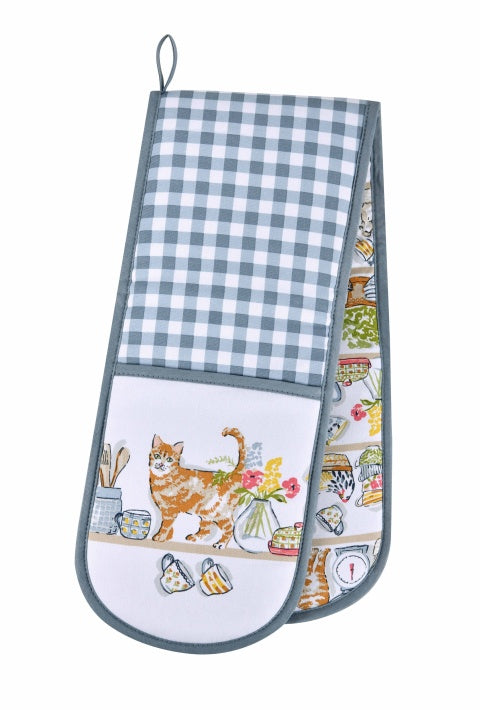 Ulster Weavers Pantry Cats double oven glove with an illustrated cat and kitchenware print